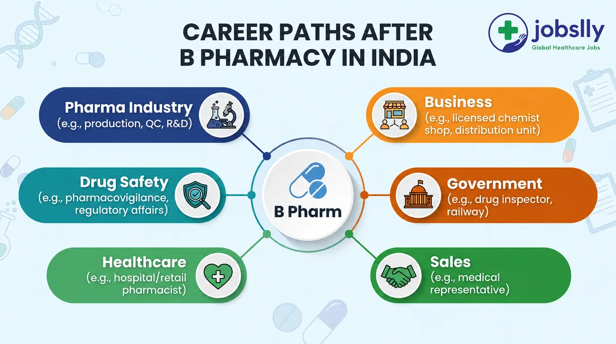Career paths after B Pharmacy in India shown as a simple mind map